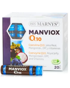 Manviox Q10 – Coenzima Q10 + Mangostan + Lăptișor de Matcă + Semințe de Struguri + 10 Vitamine – Antioxidant, Anti-Aging, Susține Sănătatea Inimii și Reglează Colesterolul – 20 Fiole