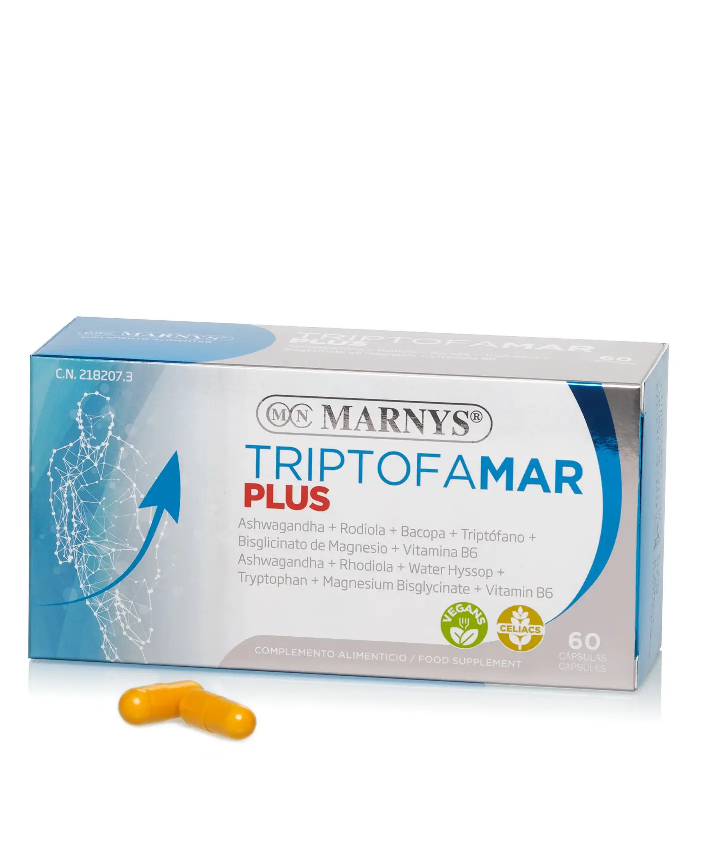 TRIPTOFAMAR PLUS – Vitamina B6 + Ashwagandha + Magneziu + Rodiola + Bacopa monnieri + Triptofan pentru perioadele de stres emotional si intelectual, relaxare si stare de bine – Produs Vegan – 60 Capsule